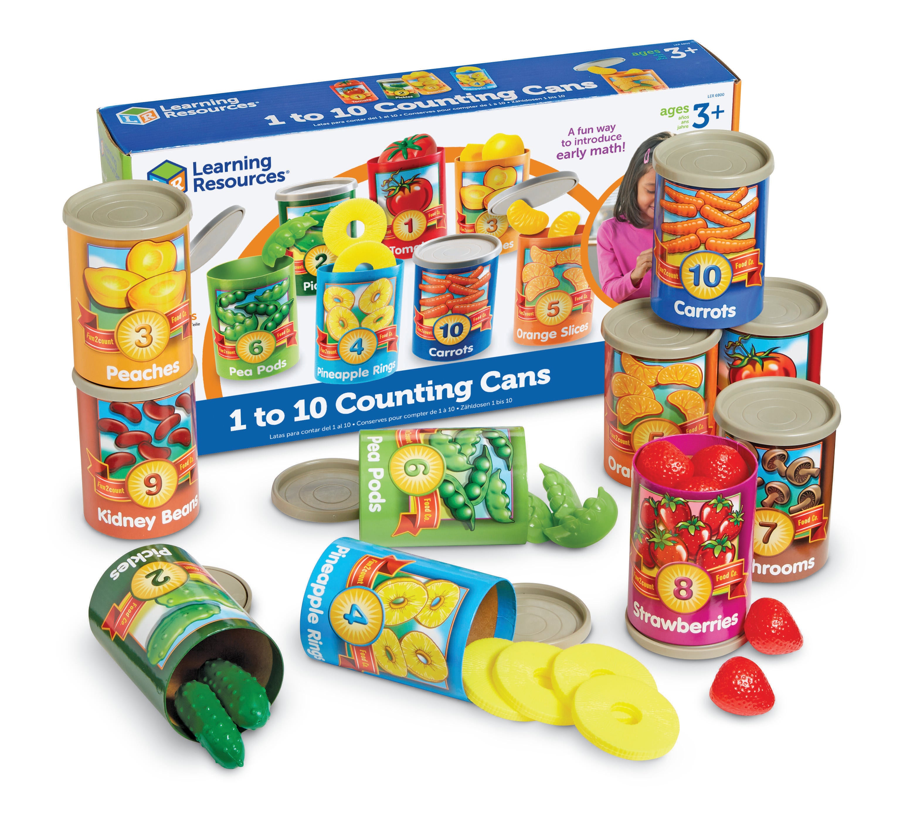 Learning Resources 1 to 10 Counting Cans with Covers and Play Food, 65 Pieces 1328562