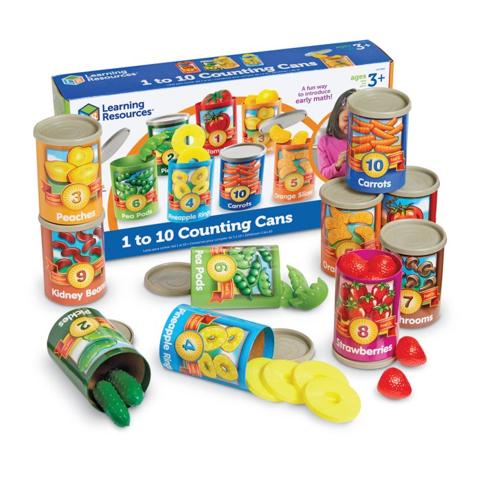 Learning Resources 1 to 10 Counting Cans with Covers and Play Food, 65 Pieces