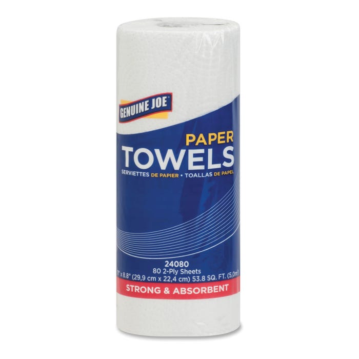Genuine Joe Household Roll Towel, 80 Sheets/Roll, 2-Ply, Paper, White, Pack of 30