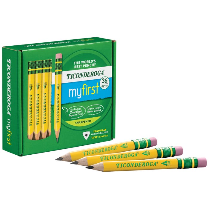 Ticonderoga My First Short Triangular Wood-Cased Pencils With Erasers, No 2 HB, Yellow, Pack of 144