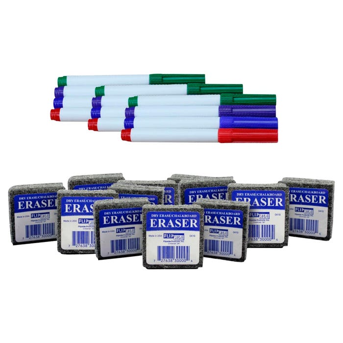 Flipside Dry Erase Pen and Eraser Pack, Assorted Colors, 12 Each, 24 Total Pieces
