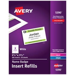 Avery Name Badge Insert Refills, 2-1/4 x 3-1/2 Inches, White, Pack of 400