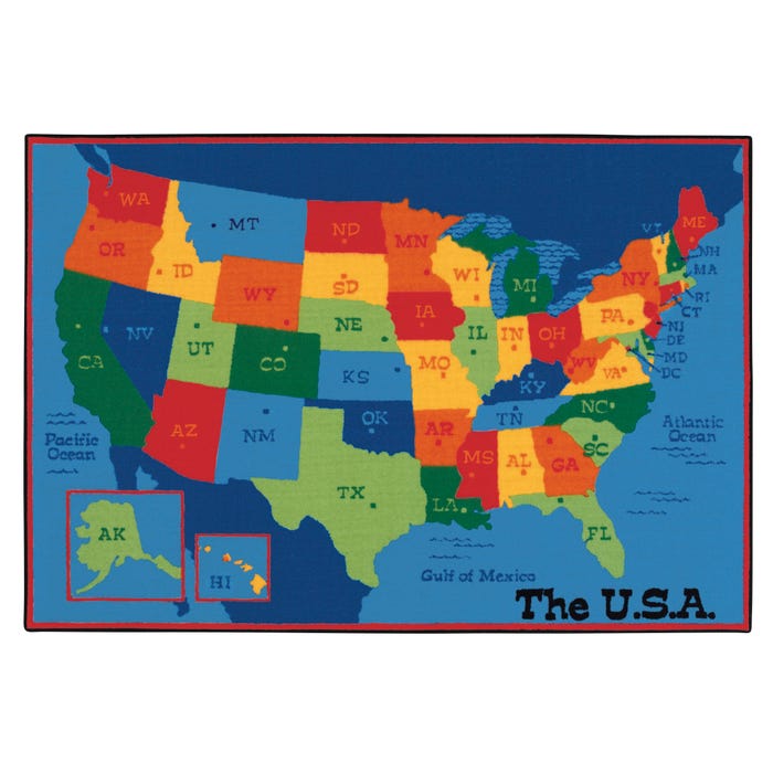 Carpets for Kids KID$ Value USA Map Carpet, 4 x 6 ft, Rectangle, Multicolored
