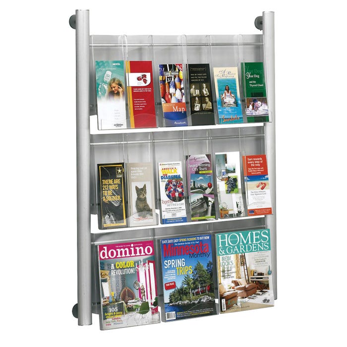Safco Luxe Wall Mount Magazine Rack, 31-3/4 x 5 x 41 Inches, 9 Pocket, Aluminum, Silver