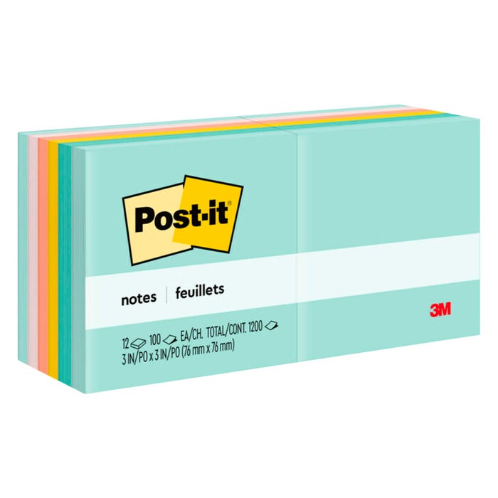 Post-it Original Notes, 3 x 3 Inches, Marseille Colors, 100 Sheets Each, 12 Pads
