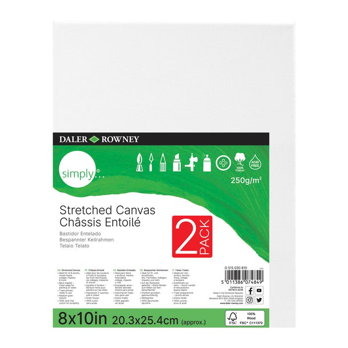 Daler-Rowney Simply Stretched Canvas, 8 x 10 Inches, Pack of 2