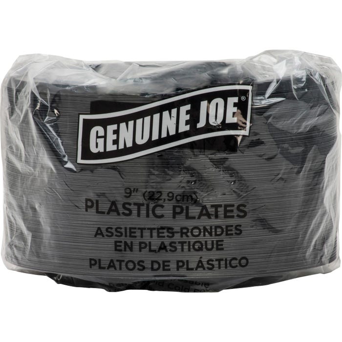 Genuine Joe Disposable/Reusable Round Plastic Plate, 9 W in, Black, Pack of 125