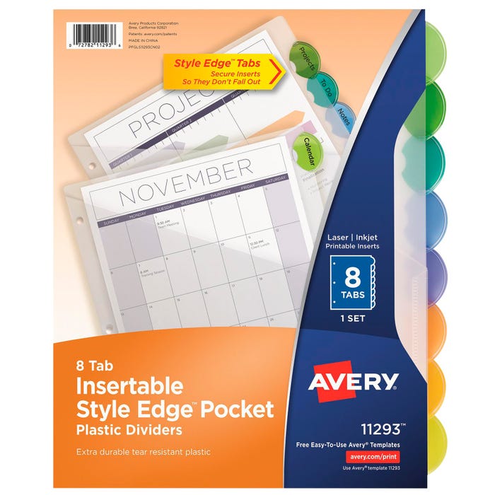 Avery Style Edge Insertable Dividers with Pocket, 8 Tab, Multi-Color