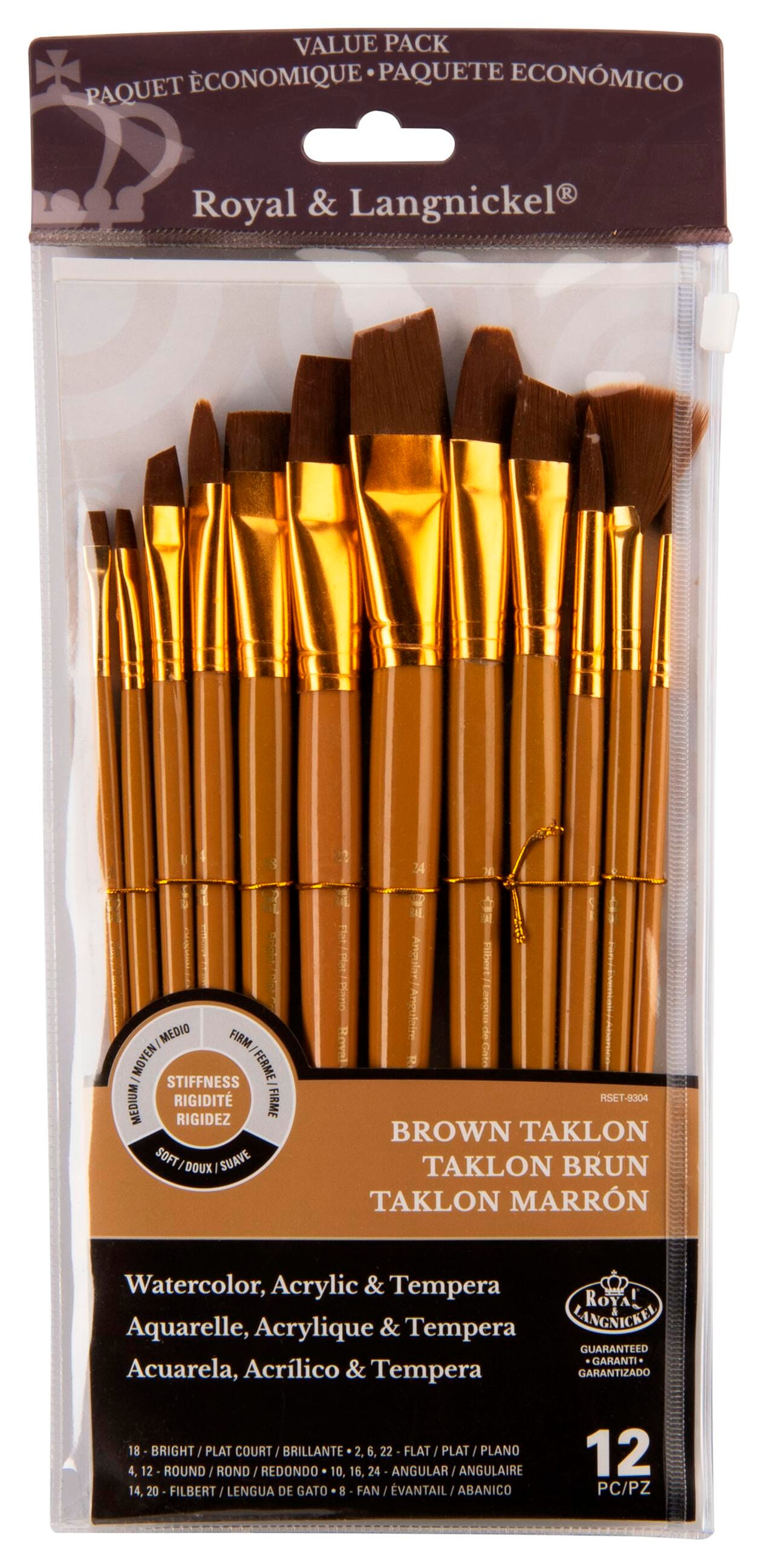 Royal & Langnickel Zip N' Close Soft Gold Taklon Long Wood Handle Paint Brush Set, Set of 12 Item Number 1440152