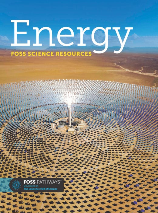 Grade 4 science book cover with solar panels, batteries, and energy flow diagrams.