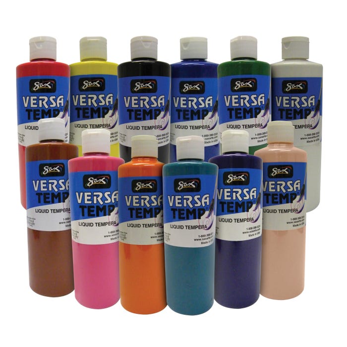 Sax Versatemp Liquid Tempera Paint, 1 Pint Bottles, Assorted Colors, Set of 12