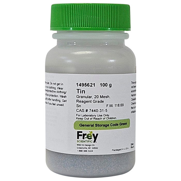 Frey Scientific Tin 20 Mesh Granules, Reagent Grade, 100 Grams
