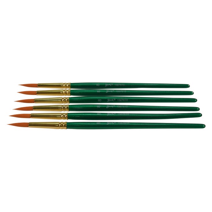 Sax Optimum Golden Synthetic Taklon Paint Brushes, Round Type, Short Handle, Size 8, Set of 6
