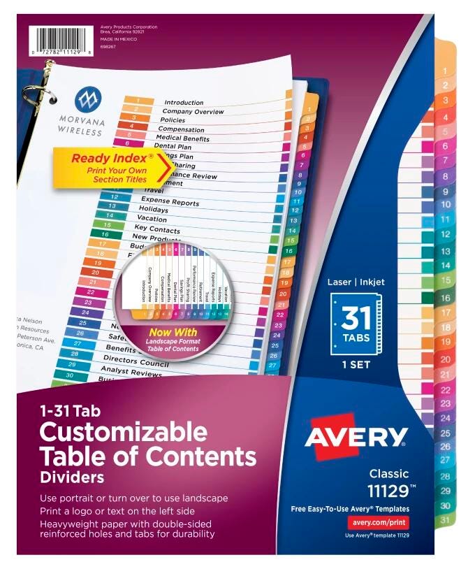 Avery Ready Index Dividers, 31 Tab, 1-31, Assorted Colors, 1 Set 078525