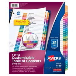 Avery Ready Index Dividers, 31 Tab, 1-31, Assorted Colors, 1 Set 078525
