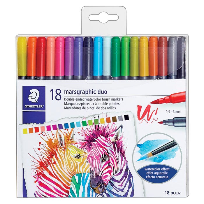 Staedtler Marsgraphic Duo Watercolor Markers, Dual Ended, Assorted Colors, Set of 18