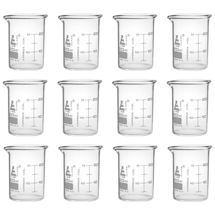 Eisco Labs Beaker, Borosilicate Glass ASTM, 20ml, 12 Pack