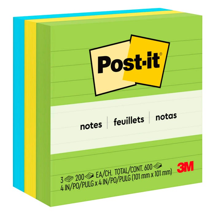 Post-it Floral Fantasy Collection Lined Notes, 4 x 4 Inches, 200 Sheets per Pad, Pack of 3