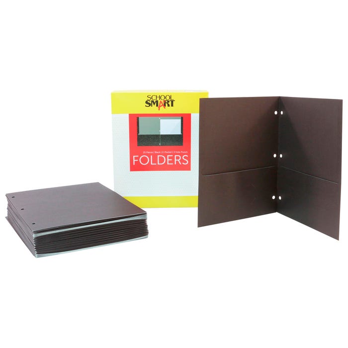 School Smart 2-Pocket Folder, Letter Size, 3 Hole Punched, Black, Pack of 25