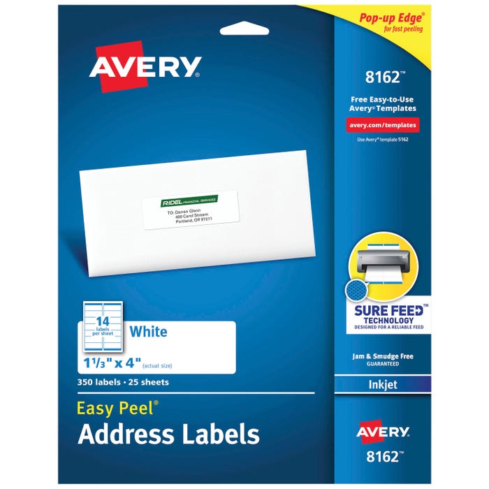 Avery Easy Peel Address Labels, Inkjet, 1-1/3 x 4 Inches, Pack of 350
