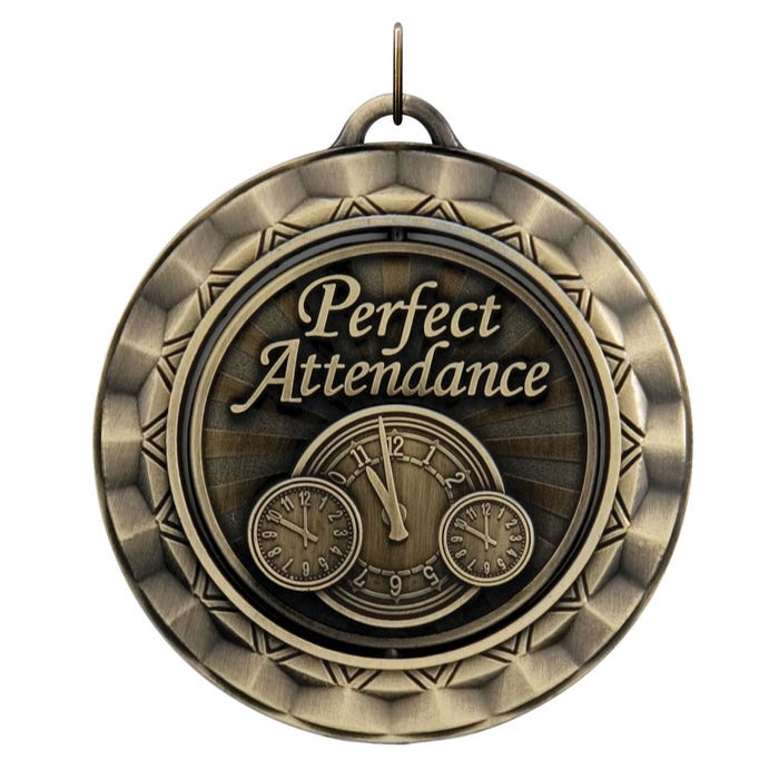 PDU CAT Perfect Attendance Die Struck Spinner Medal, 2-5/16 in, Metal, Gold