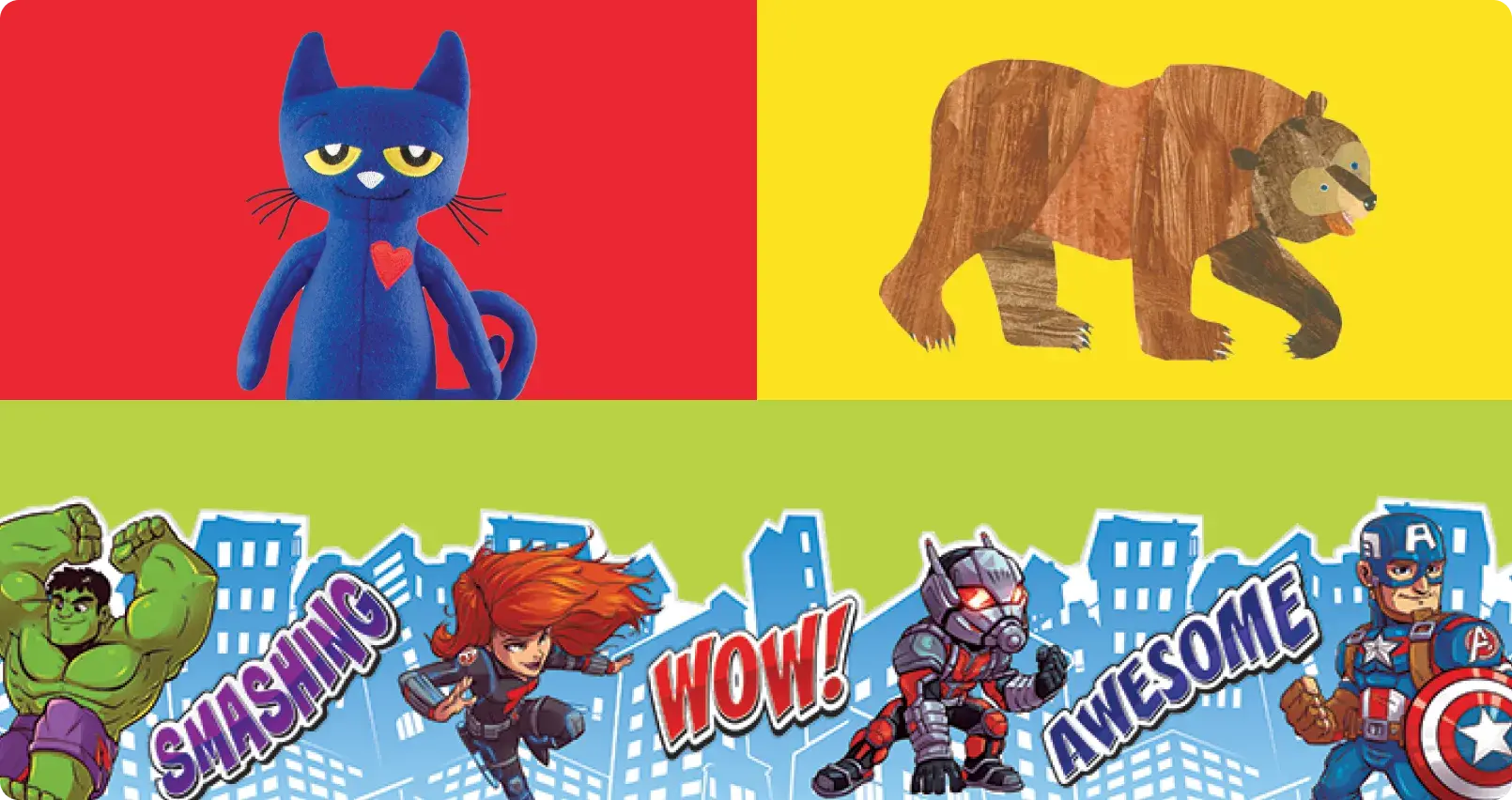 Children's book characters including Pete the Cat blue plush toy with red heart, Eric Carle Brown Bear illustration, and Marvel Avengers superhero educational border featuring Hulk, Black Widow, Ant-Man, and Captain America with 'Smashing,' 'Wow!' and 'Awesome' text