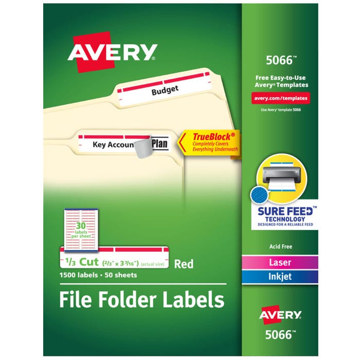 Avery Printable File Folder Labels, 2/3 x 3-7/16 Inches, Red, Pack of 1500