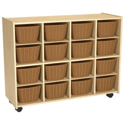 Image for Childcraft Mobile Cubby Unit with Locking Casters, 16 Wicker Baskets, 38-5/16 x 14-1/4 x 30 Inches from School Specialty