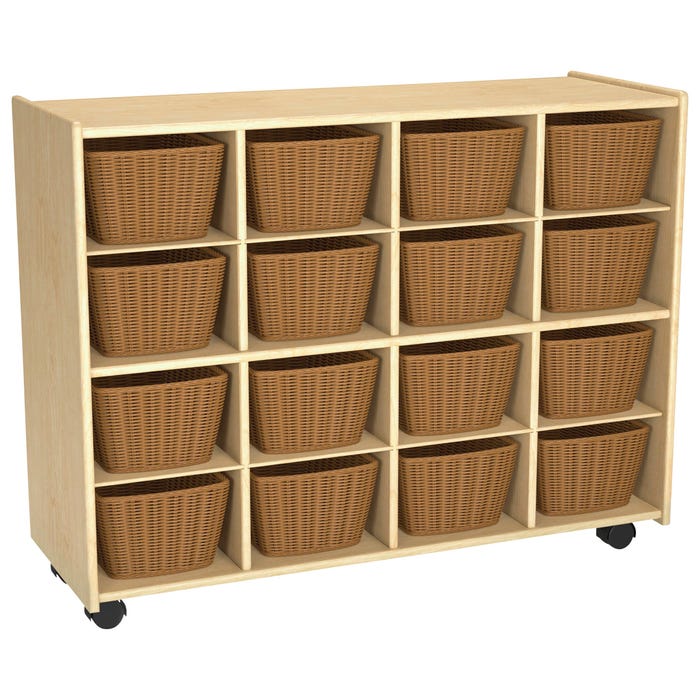 Childcraft Mobile Cubby Unit with Locking Casters, 16 Wicker Baskets, 38-5/16 x 14-1/4 x 30 Inches
