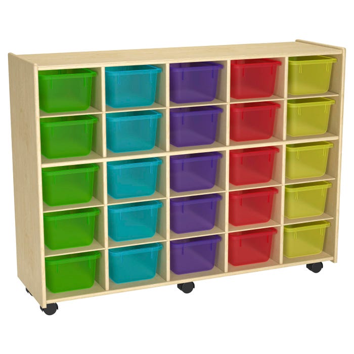 Childcraft Mobile Cubby Storage Unit with Concealed Wheels, 25 Translucent Color Trays, 47-3/4 x 14-1/4 x 36 Inches