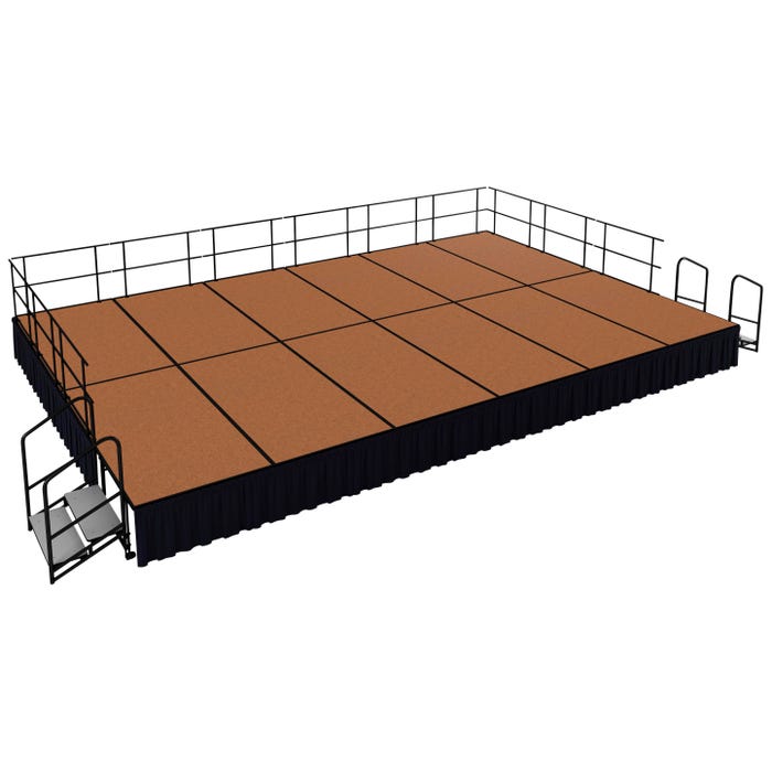National Public Seating Portable Stage Package, Hardboard Surface, Black Shirred Pleat Skirting, 16 x 24 Feet