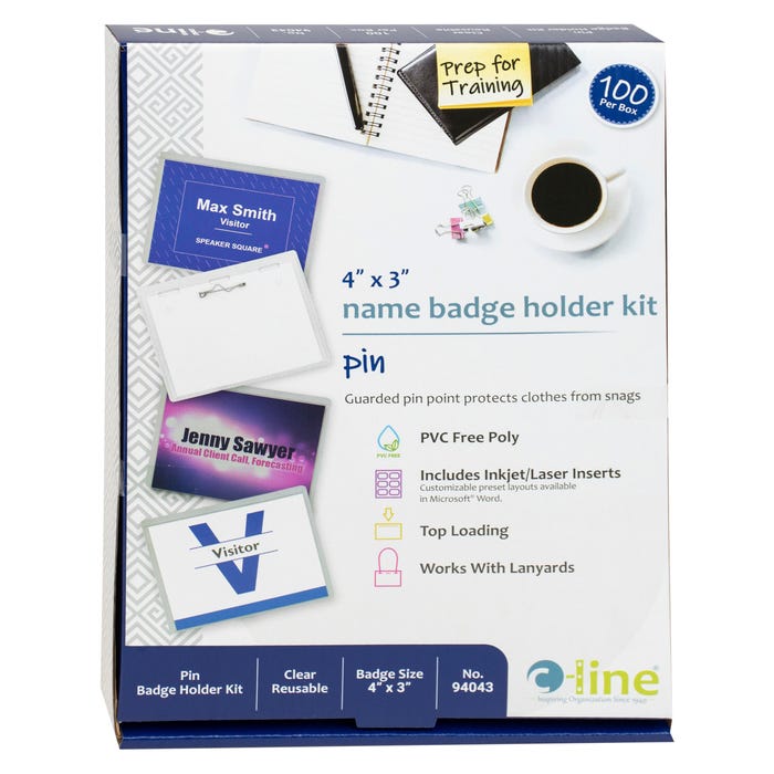 C-Line Pin Style Name Badges with Inserts, Clear, 4 x 3 Inches, Pack of 100