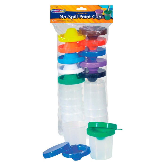 Creativity Street No-Spill Round Cup Plastic Paint Pot Set with Assorted Colored Lids, 3 Inches Wide, Translucent, Set of 10