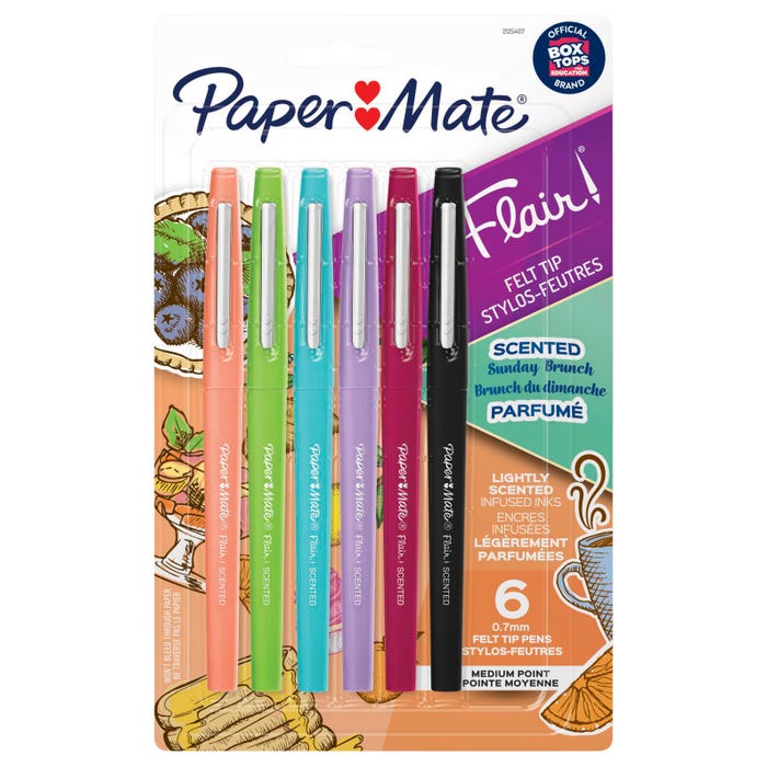 Paper Mate Flair Scented Felt Tip Pens, Medium Point, 0.7 mm, Assorted Sunday Brunch Scents and Colors, Set of 6