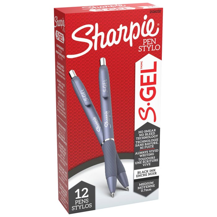 Sharpie S-Gel Gel Pens, Medium Point, 0.7 mm, Black Ink/Blue Barrel, Pack of 12