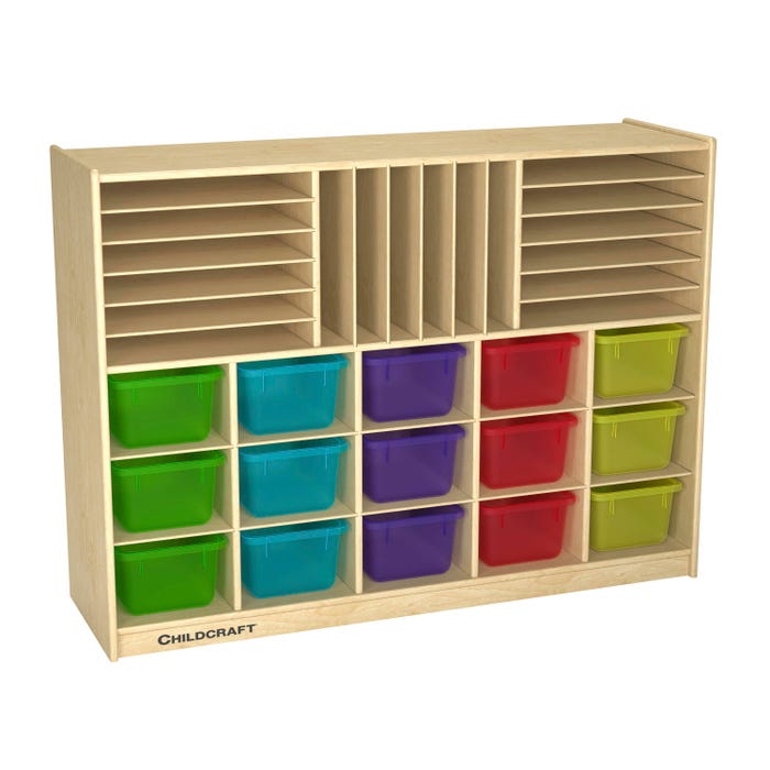 Childcraft Mobile Small-Tray Store-n-Stack Storage Unit, 15 Translucent Color Trays, 47-3/4 x 14-1/4 x 36 Inches