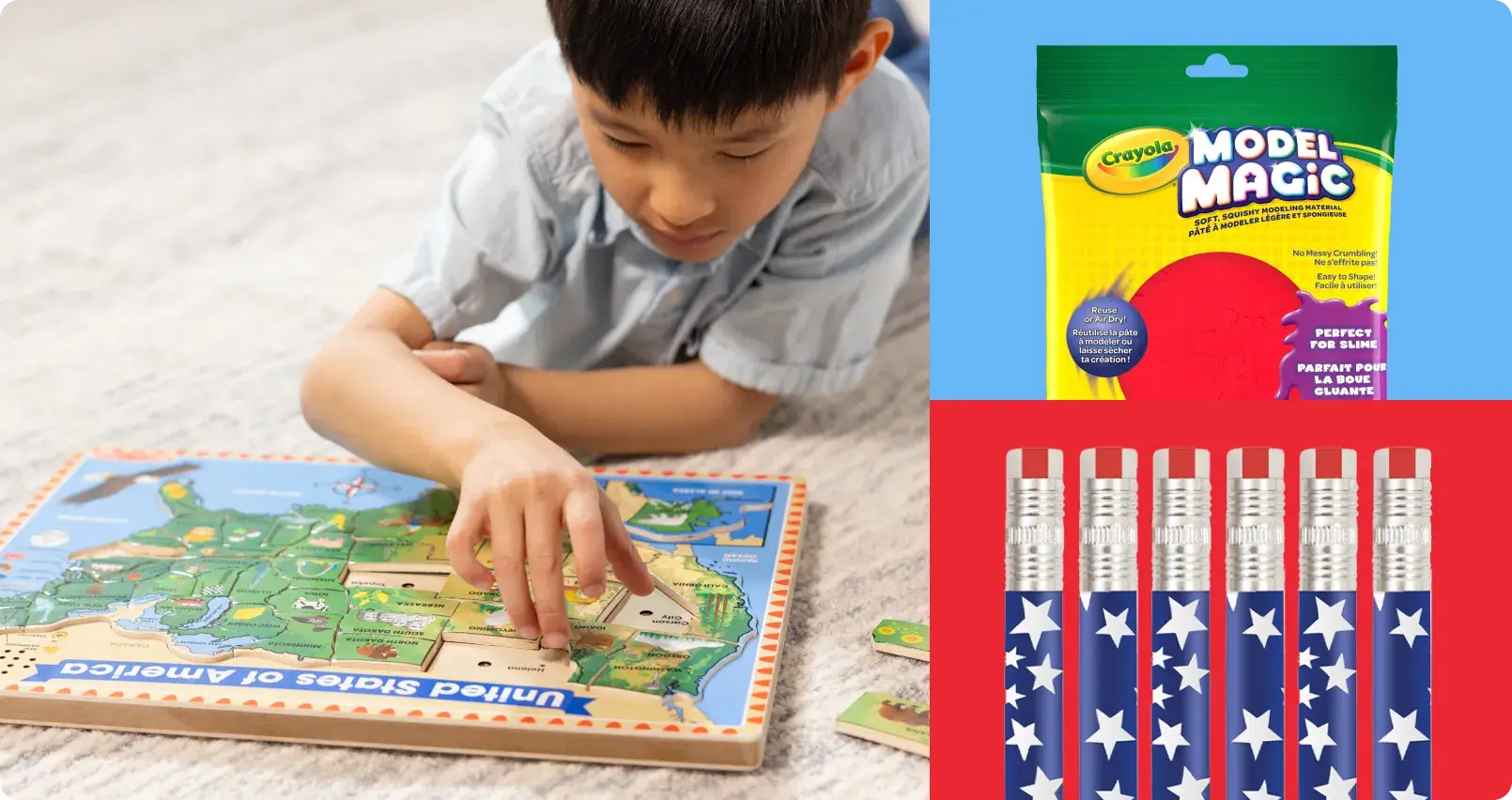 Child playing with educational USA map puzzle showing states of America while Crayola Model Magic modeling compound and patriotic star-patterned pencils are displayed nearby for classroom learning activities