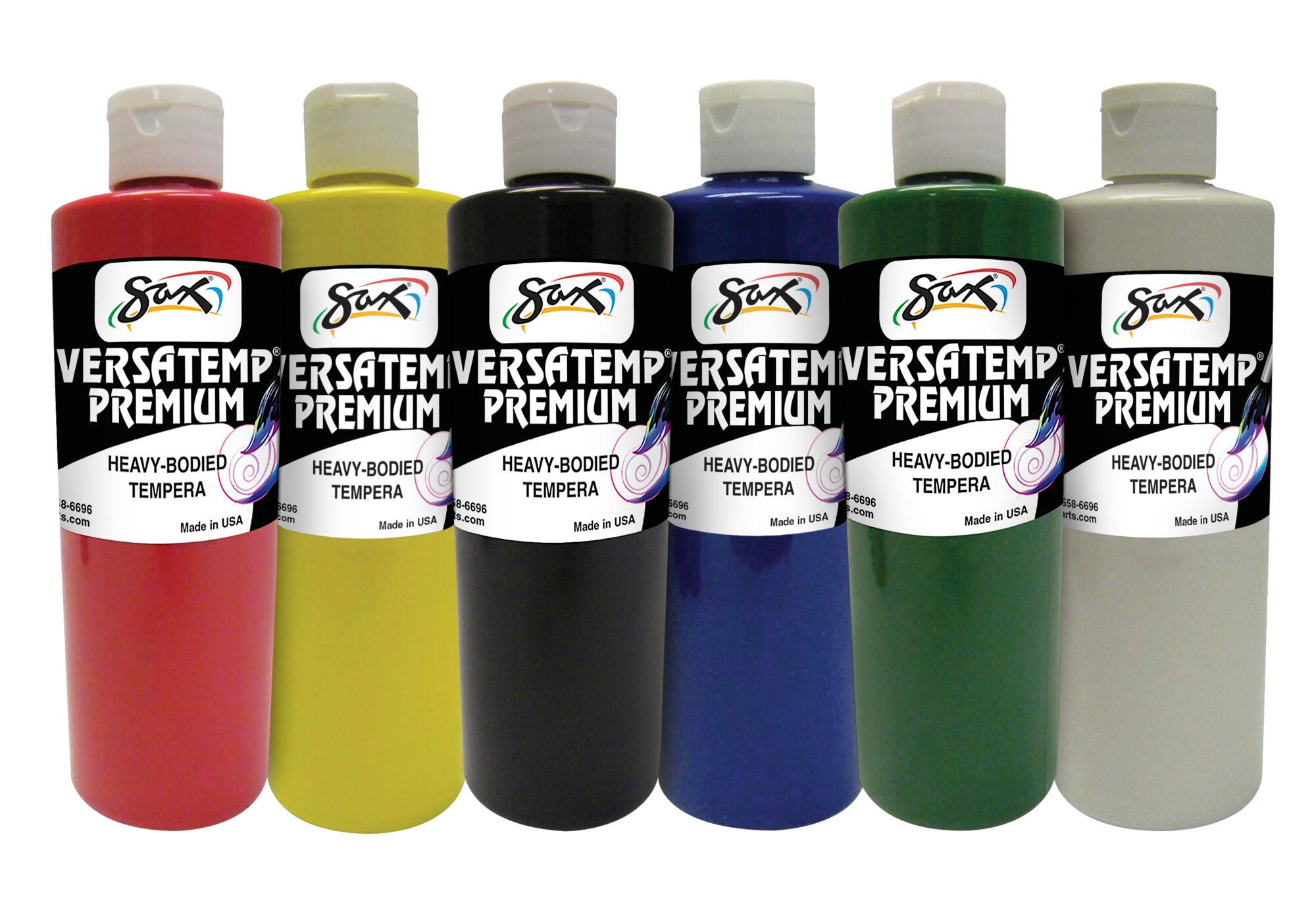 Sax Versatemp Premium Heavy-Bodied Tempera Paint, 1 Pint Bottles, Assorted Colors, Set of 6 Item Number 1592736