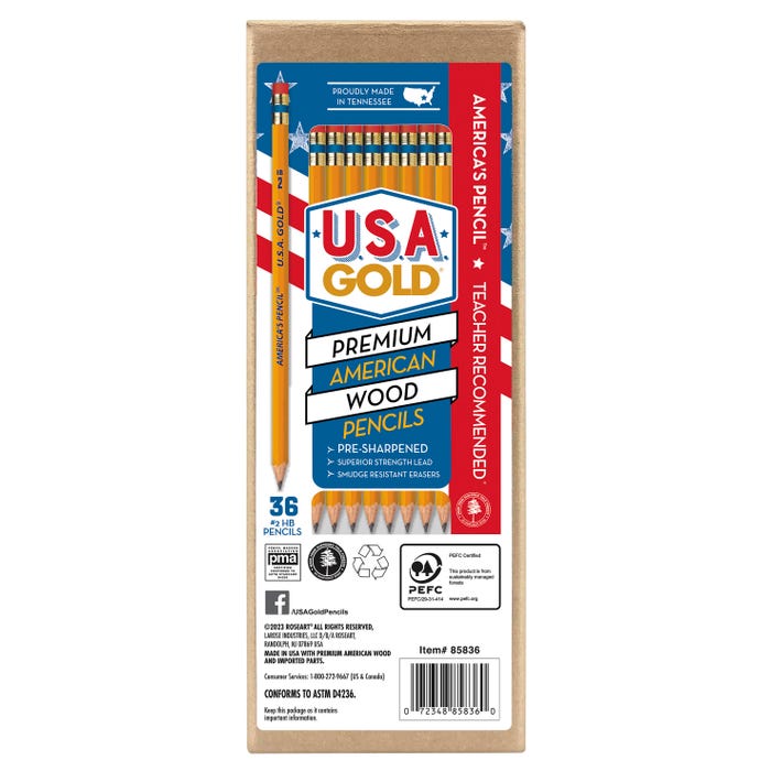 USA Gold Woodcase Pencils, No 2, Pre-Sharpened, Pack of 36