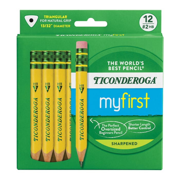 Ticonderoga My First Short Triangular Wood-Cased Pencils With Erasers, No 2 HB Soft, Yellow, Pack of 12