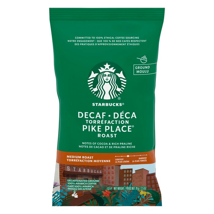 Starbucks Pike Place Medium Roast Decaffeinated Ground Coffee Packets, 2.5 Ounce, Pack of 18