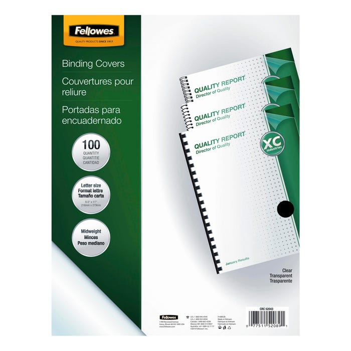 Fellowes Presentation Covers, 8-1/2 x 11 Inches, Unpunched, Square Corners, Clear, Pack of 100