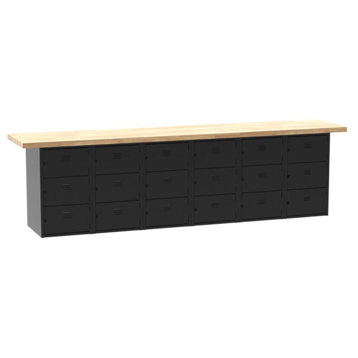 Diversified Spaces Wall And Island Bench with 18 Horizontal Lockers, 120 x 24 x 32-3/4 Inches, Maple Top, Black Base