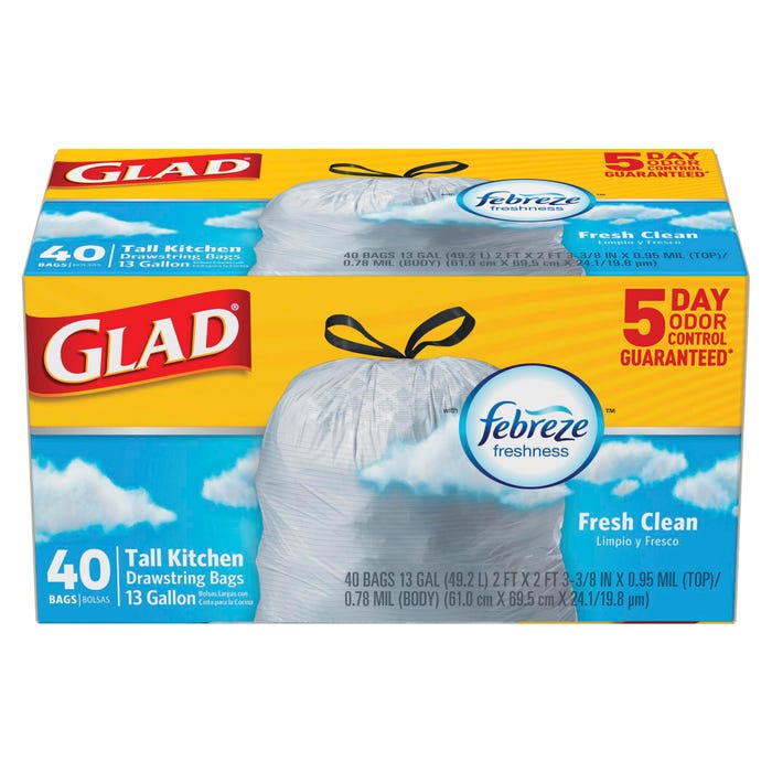 Glad ForceFlex Drawstring Tall Trash Bags, 13 Gallon, Fresh Clean Scent, White, 40 Count, Case of 6