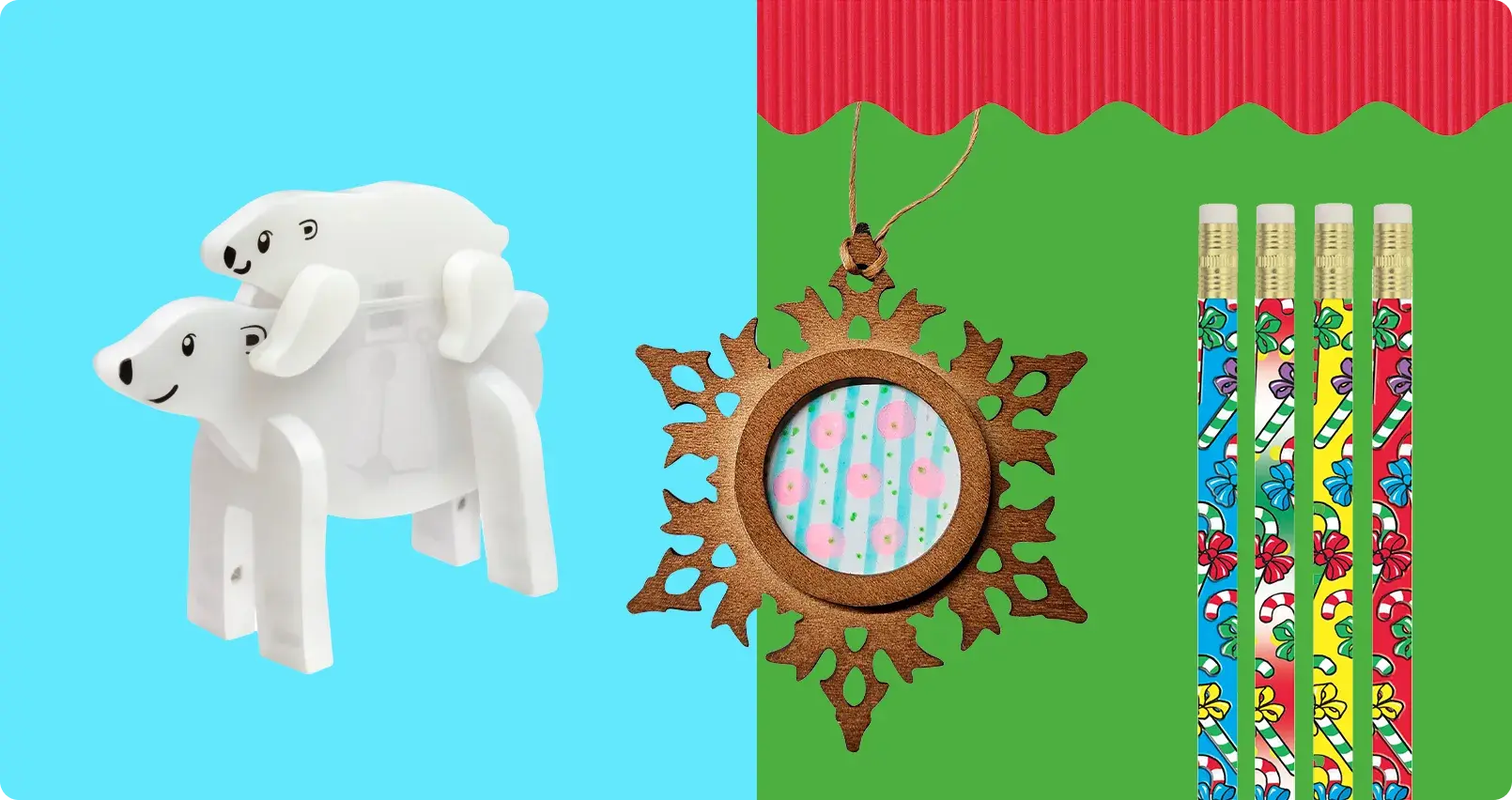 White polar bear finger puppets, wooden snowflake ornament with floral pattern center and twine hanger, plus candy cane pencils in blue, pink, yellow and red for seasonal classroom supplies