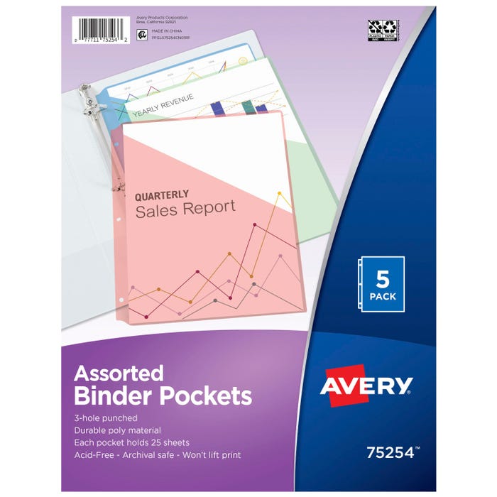 Avery Poly Binder Pockets, 8-1/2 x 11 Inches, Assorted Colors, Pack of 5