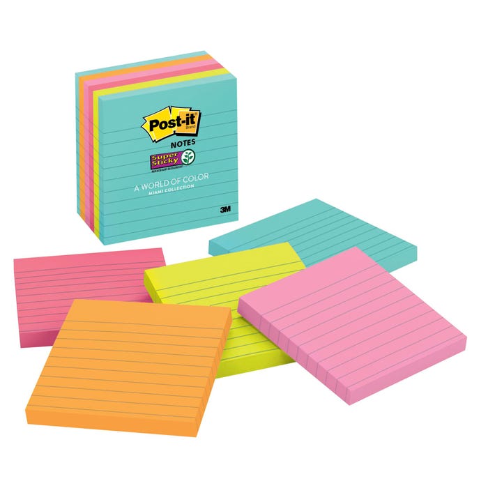 Post-it Super Sticky Lined Notes, 4 x 4 Inches, Miami Colors, 6 Pads with 90 Sheets