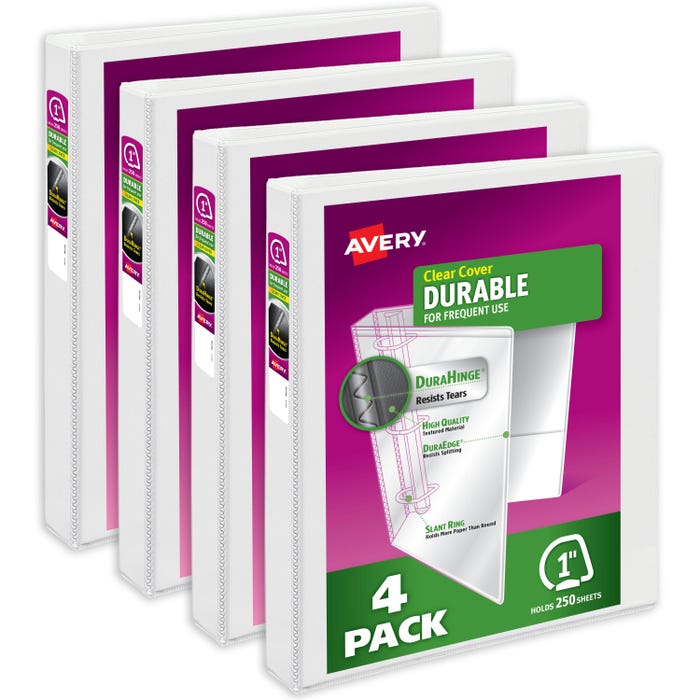 Avery Durable View Binder, 1 Inch, Slant Rings, White, Pack of 4