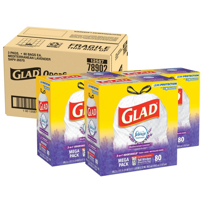 Glad ForceFlex Drawstring Tall Trash Bags, 13 Gallon, Mediterranean Lavender, White, 80 Count, Case of 3