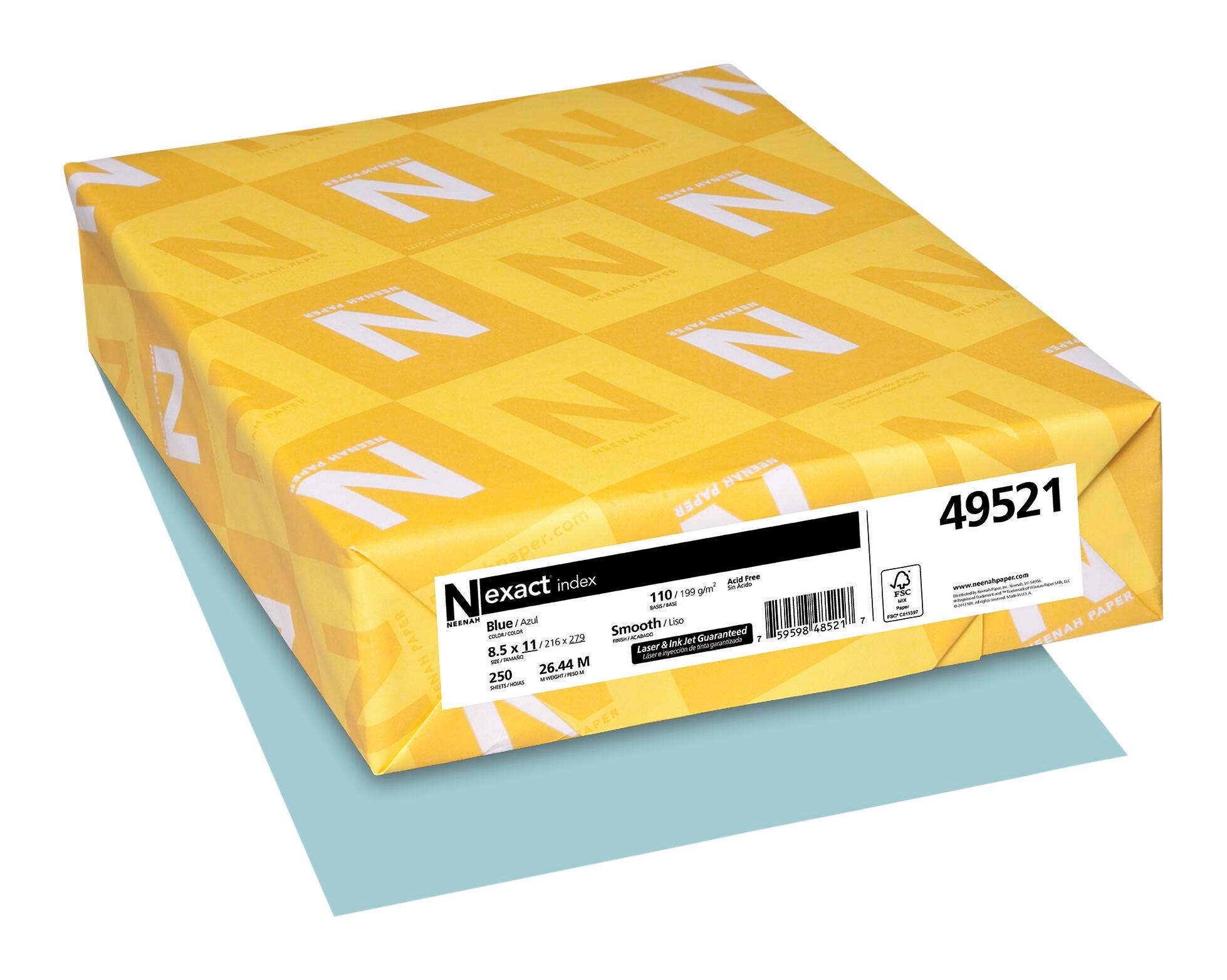 Neenah Paper Exact Index Colored Cardstock, 8-1/2 x 11 Inches, 110 lb, Blue, 250 Sheets, Item Number 2103389